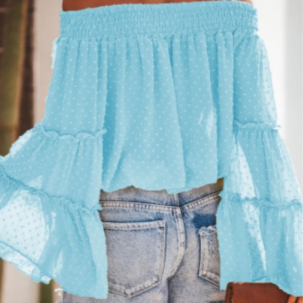 ● S O L D ● Turqouise Blue Ruffled Off Shoulder Peasant Top - Picture 2 of 8